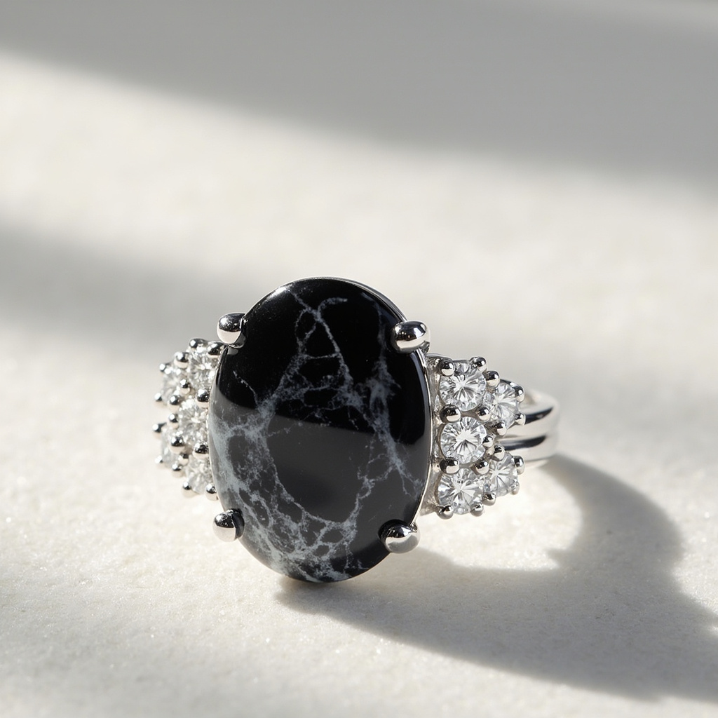 What is a diamond ring with snowflake obsidian